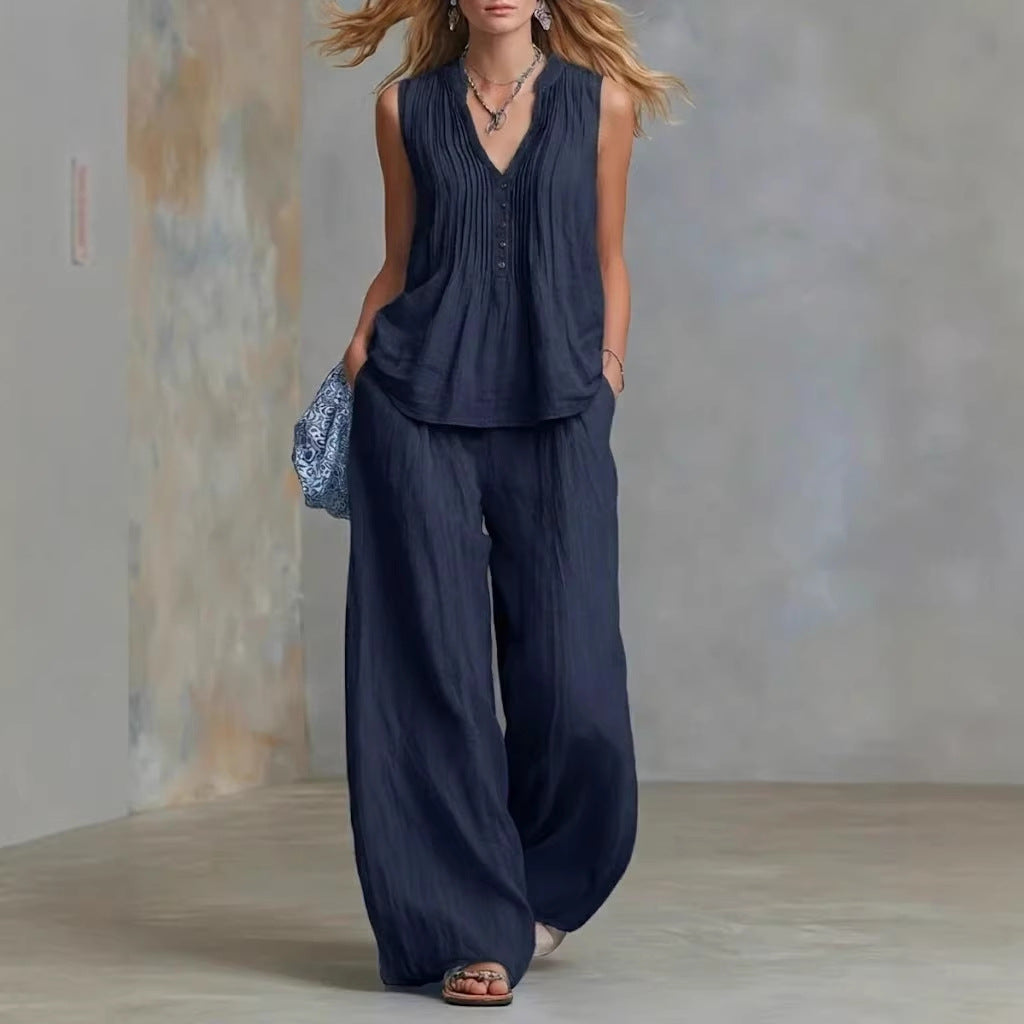 Women Clothing Summer Casual Stylish Solid Color Sleeveless V neck Set NICE