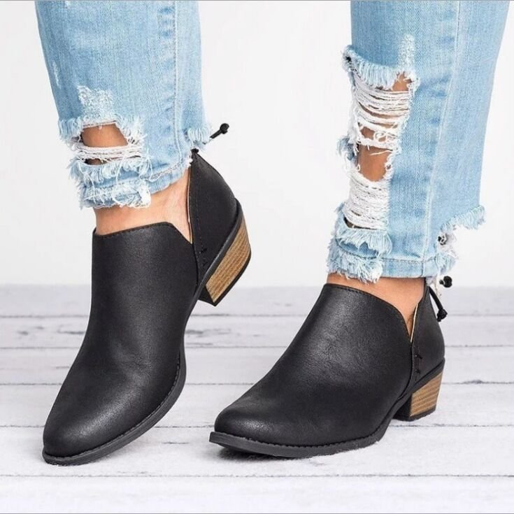 Plus Size Thick Heel Thin Ankle Boots Women Solid Color Pointed Toe Back Zipper Low Heel Shoes ZUIMEI