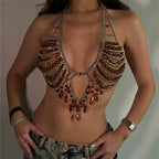 Women Handmade Beaded Chest Necklace Halter Body Cha Top Sold Jewelry Vest Hadid