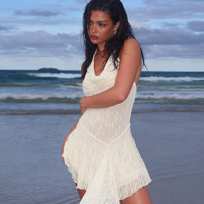 Sexy Backless Halter Sexy Lace Stitching Dress Women Vacation Short Women