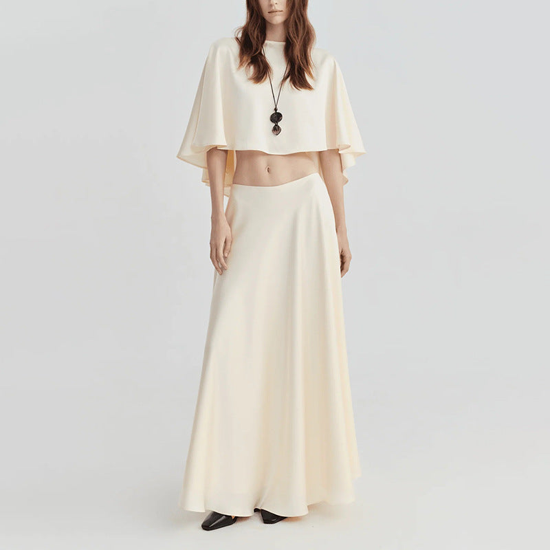 Elegant Socialite Two Piece Sets round Neck Cape Shawl Short Top High Waist Skirt Ory