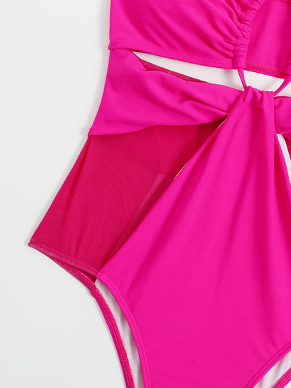 Solid Color One Piece Swimsuit Women Swimsuit Mesh Stitching Rose Red Hollow Out Cutout Siamese Bikini
