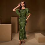 Summer Autumn round Neck Shawl Sequin Stitching Fully Lined Fishtail Evening Party Dress HENGACHI