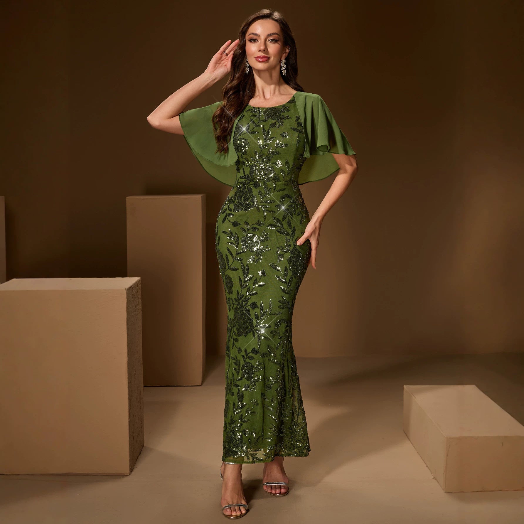 Summer Autumn round Neck Shawl Sequin Stitching Fully Lined Fishtail Evening Party Dress HENGACHI