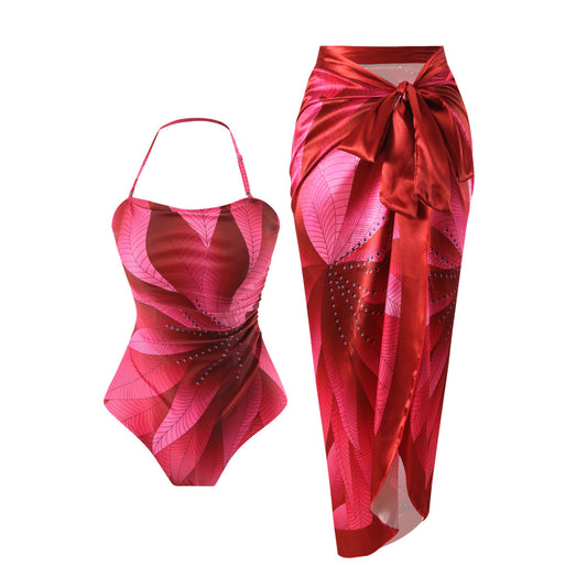 Traje de baño conservador con estampado digital y cuello halter de gasa para mujer