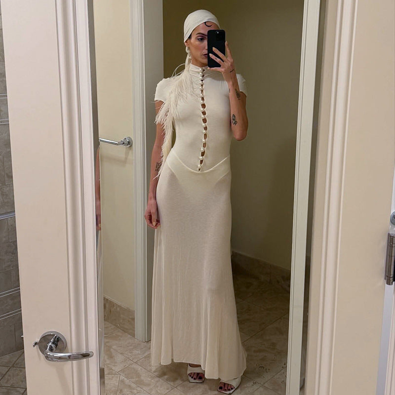 Women Clothing Autumn Winter Retro Short Sleeve Beads Decorative Hollow Out Cutout Turtleneck Dress COORAL