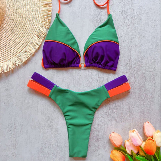 Traje de baño de bikini con costuras de color sólido para playa, traje de baño sexy para mujer