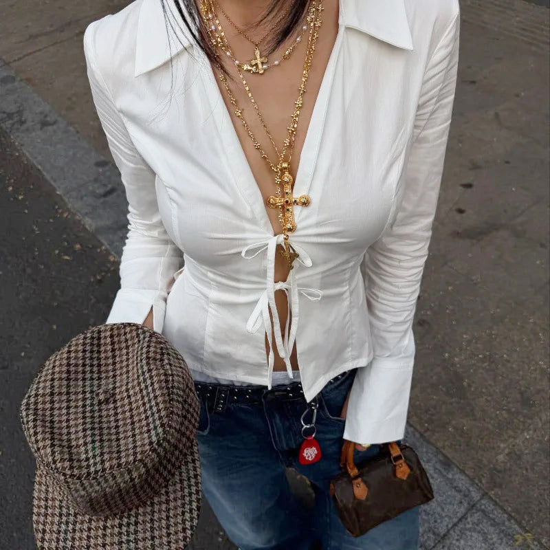 Sexy White Shirt Women Lace up Waist Controlled Long Sleeves Loose Casual Slimming Top FOREVEREIGHTEEN