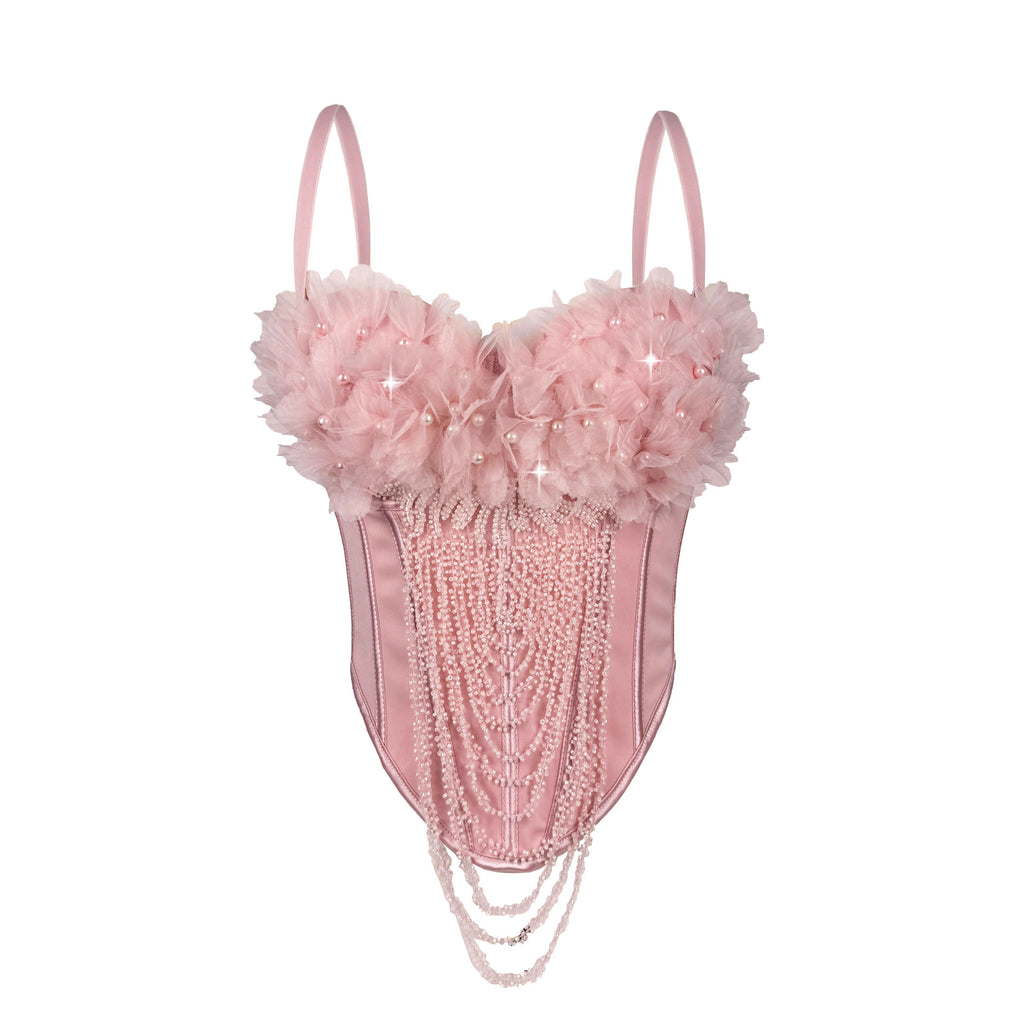 Chaleco con tirantes y borlas florales hecho a mano, top de tubo sexy sin espalda, ropa exterior, corsé con deshuesado, moldeador corporal.