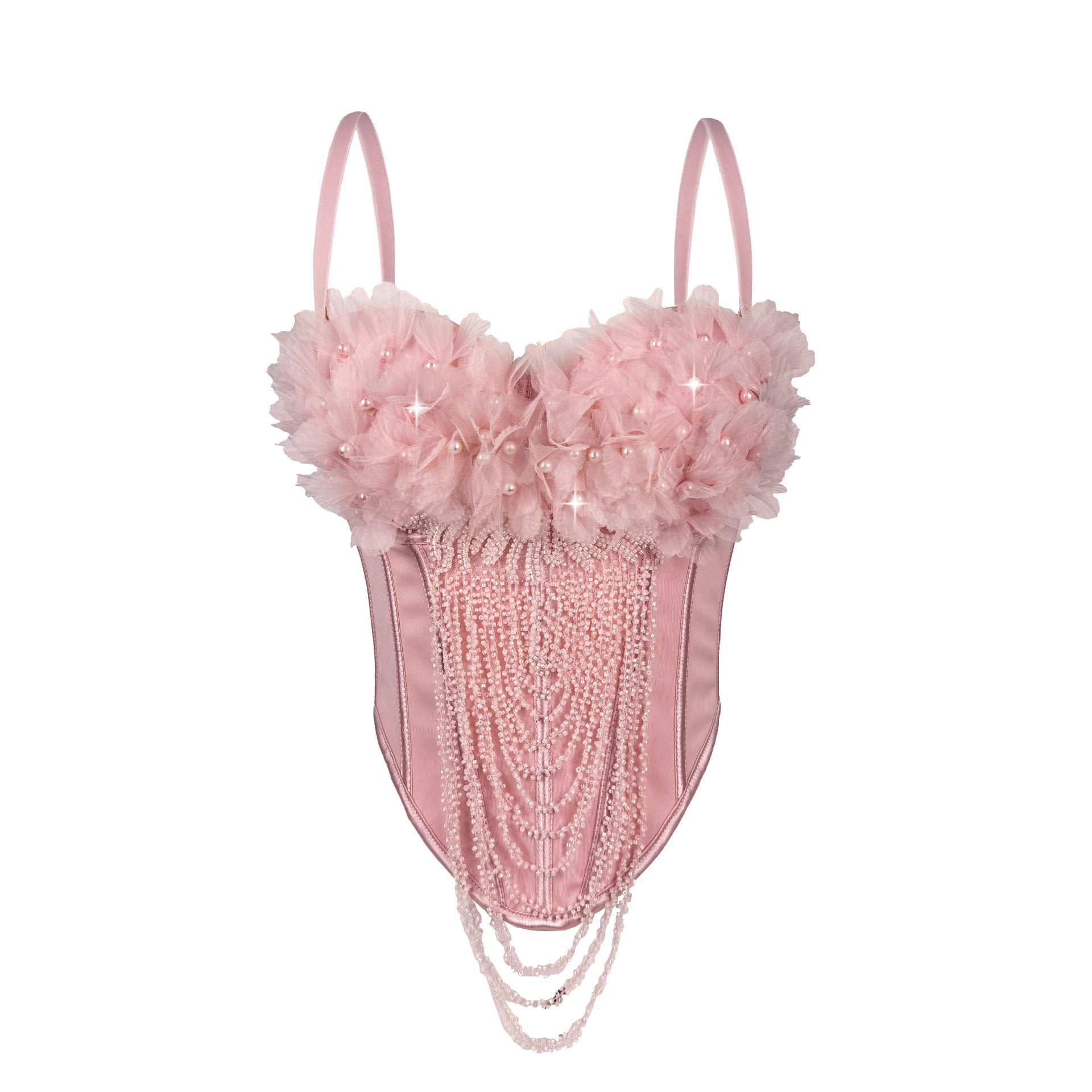 Chaleco con tirantes y borlas florales hecho a mano, top de tubo sexy sin espalda, ropa exterior, corsé con deshuesado, moldeador corporal.