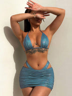 Women Swimsuit Sexy Flash Fabric Three Piece Metallic Coated Fabric Bikini Swimsuit Twingo