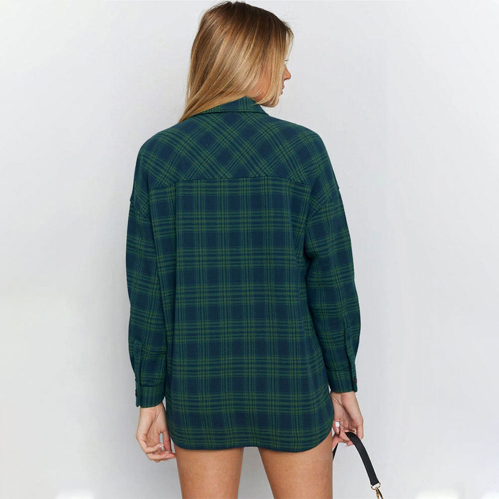 Women Long Sleeved Shirt Autumn Casual Loose Plaid Idle Contrast Color Cardigan Shirt Yiskiss