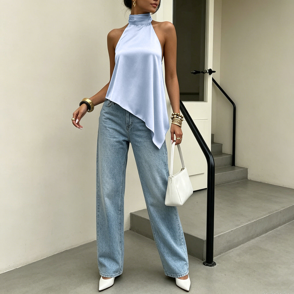 Summer Sky Blue Halter Backless Small Sling Women Irregular Asymmetric Embellished Satin Sexy Sleeveless Elegant Top FOREVEREIGHTEEN