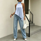 Summer Sky Blue Halter Backless Small Sling Women Irregular Asymmetric Embellished Satin Sexy Sleeveless Elegant Top FOREVEREIGHTEEN