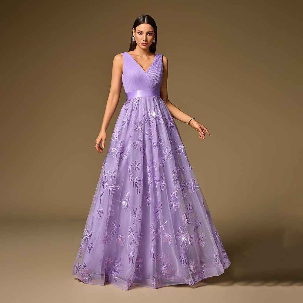 Robe de soirée à manches courtes, plissée et brodée à la main, avec double col en V et fermeture éclair au dos, style swing.