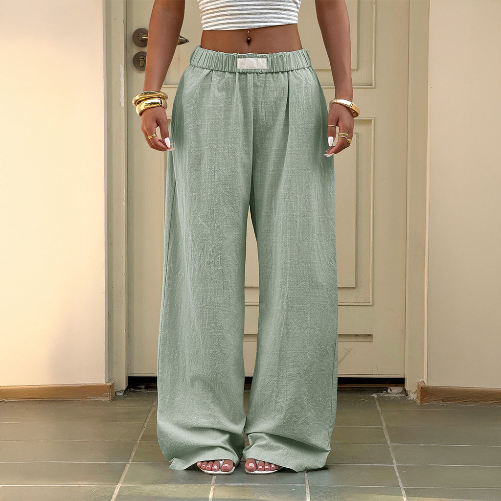 Spring Summer Women Clothing Idle Elastic Wide Leg Linen Loose Drape Casual Trousers CKK