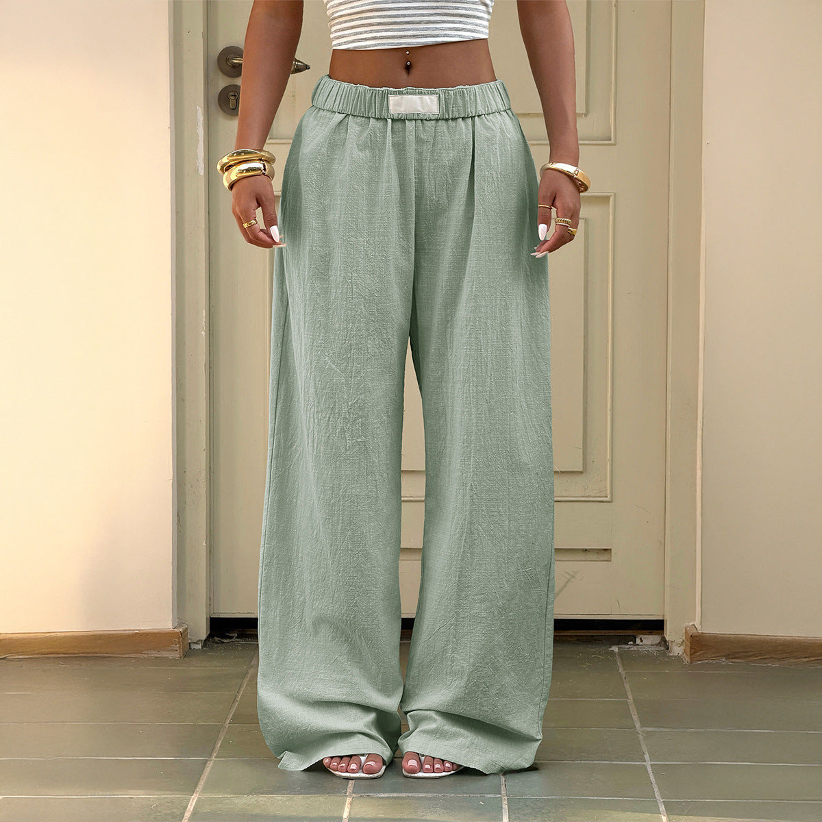 Spring Summer Women Clothing Idle Elastic Wide Leg Linen Loose Drape Casual Trousers CKK