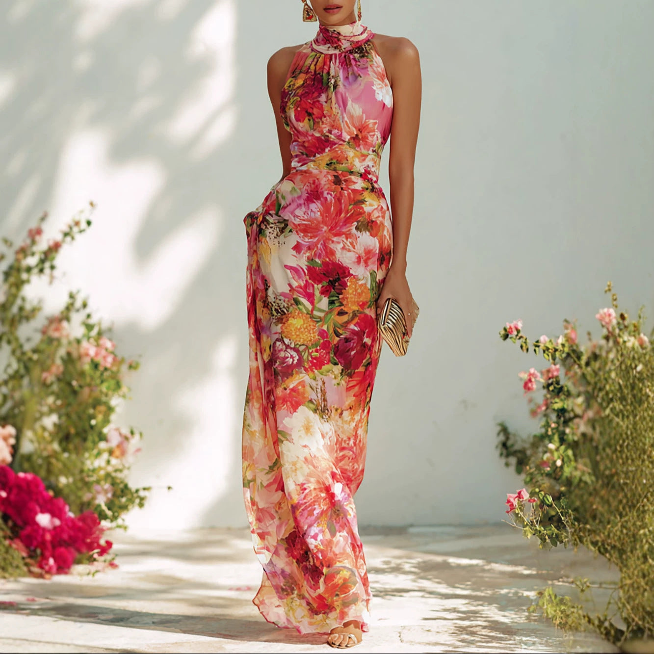 Romantic Halter Floral Print Dress Sleeveless off the Shoulder Waist Fitted Figure Flattering Chiffon Holiday Dress Gemi