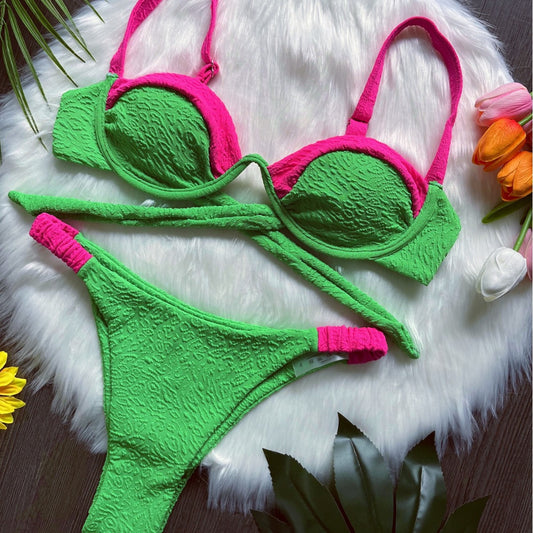 Traje de baño de bikini con costuras de tela especiales para playa, traje de baño sexy para mujer