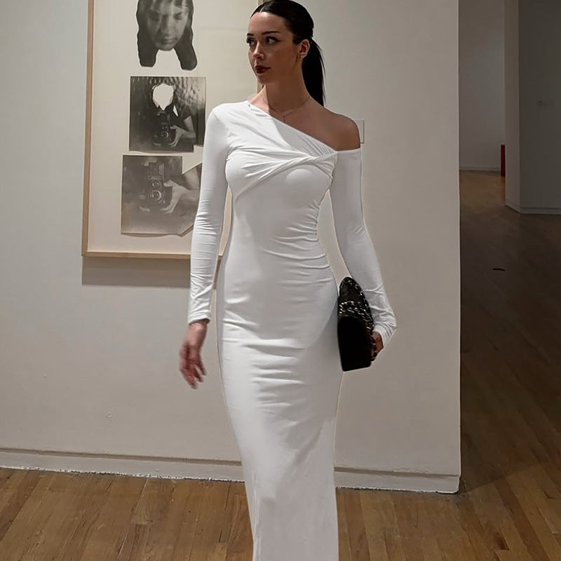 Women Wear Summer Slim Shoulder Twist Solid Color Dress BULLINGER