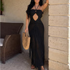 Sexy Hand Crocheting Long Fringe Halter Strap Dress Cropped Outfit Beach Cover up Dress Tidee