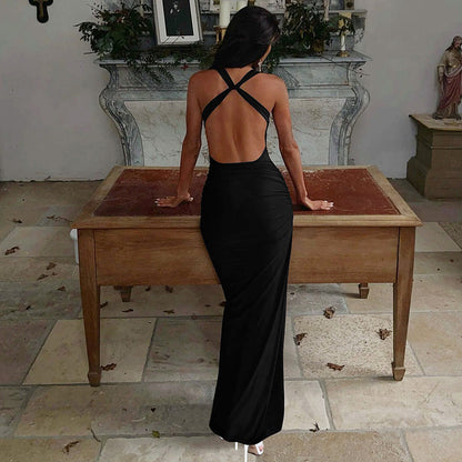 Spring Women Clothing Sexy Solid Color Halter Backless Slim Fit Pile Collar Dress Women
