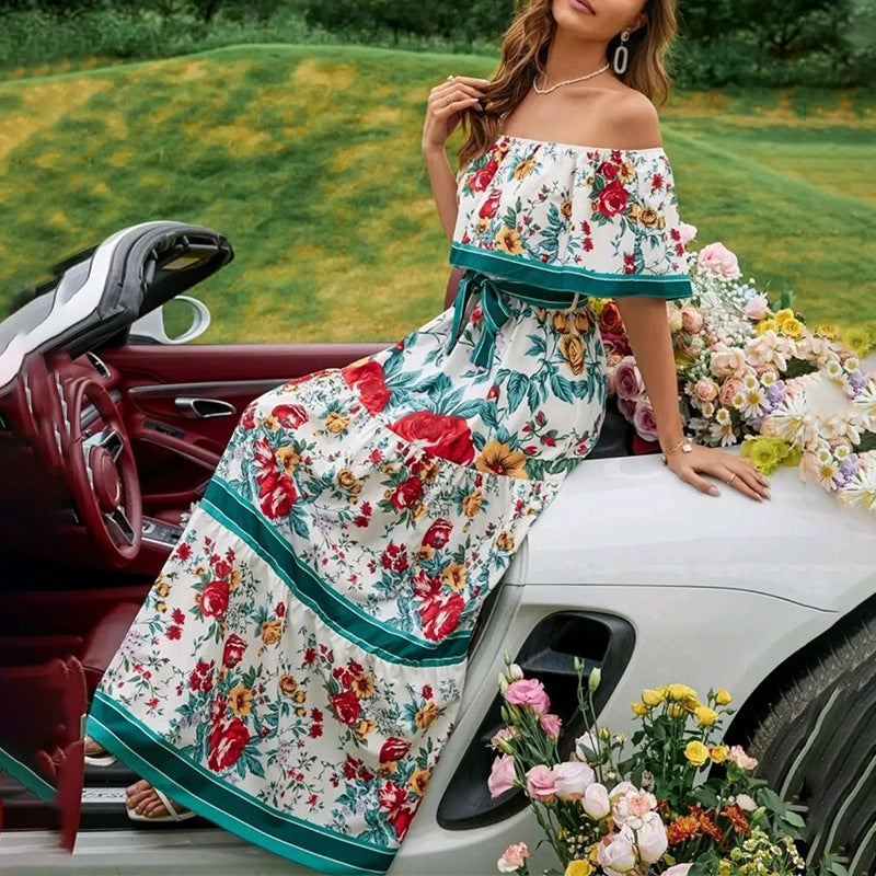 Spring Summer off Shoulder Printing Long Large Hem Dress SCC