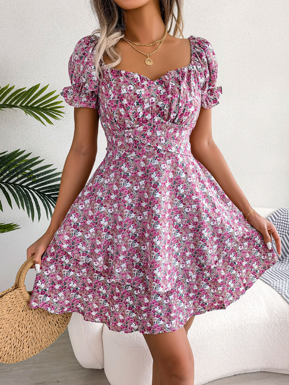 Spring Summer Elegant Floral Lace-up Waist-Controlled Large Hem Dress Women Clothing BAGIISA