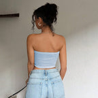 77Sexy Blue White Striped Tube Top Sleeveless Cold Shoulder Skinny Short Vacation Vest Top for Women Yiskiss