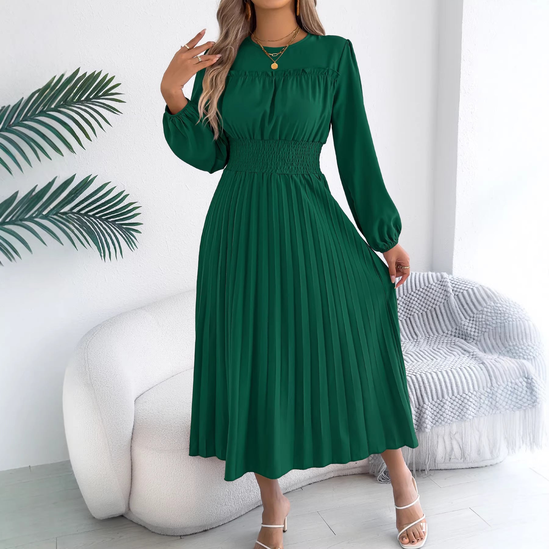 Women Clothing Spring Summer Elegant Wooden Ear Long Sleeved Waist Pleated Dress BAGIISA