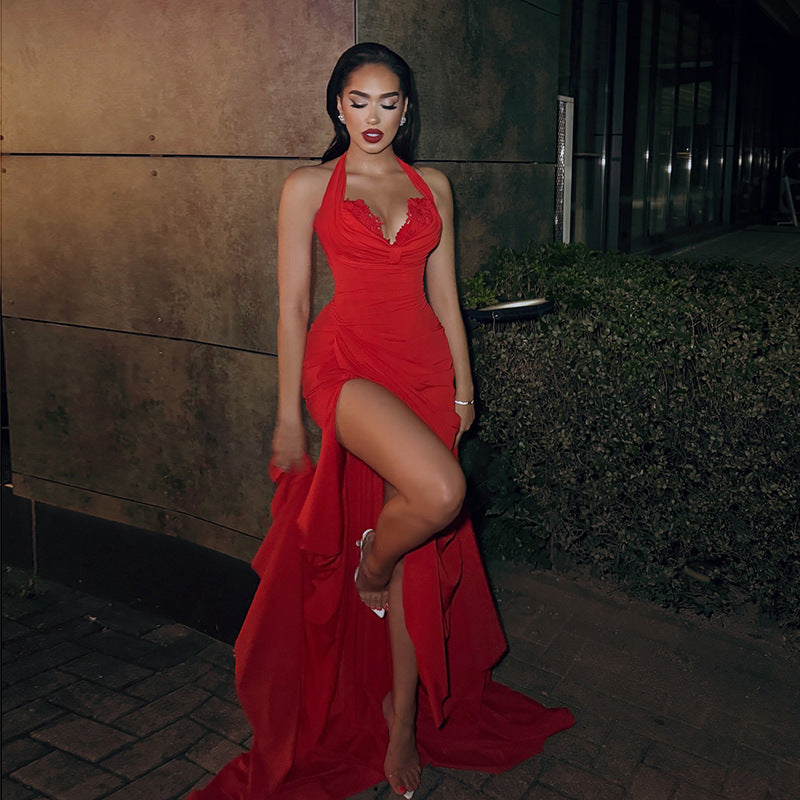 Robe sexy à bretelles, dos nu et fente, pour femme