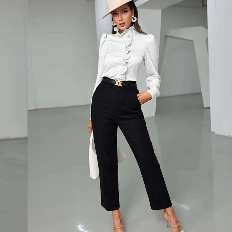 Camisa de mujer de otoño de tejido de acetato de alta calidad, camisa de media manga con volantes, blusa recta para mujer
