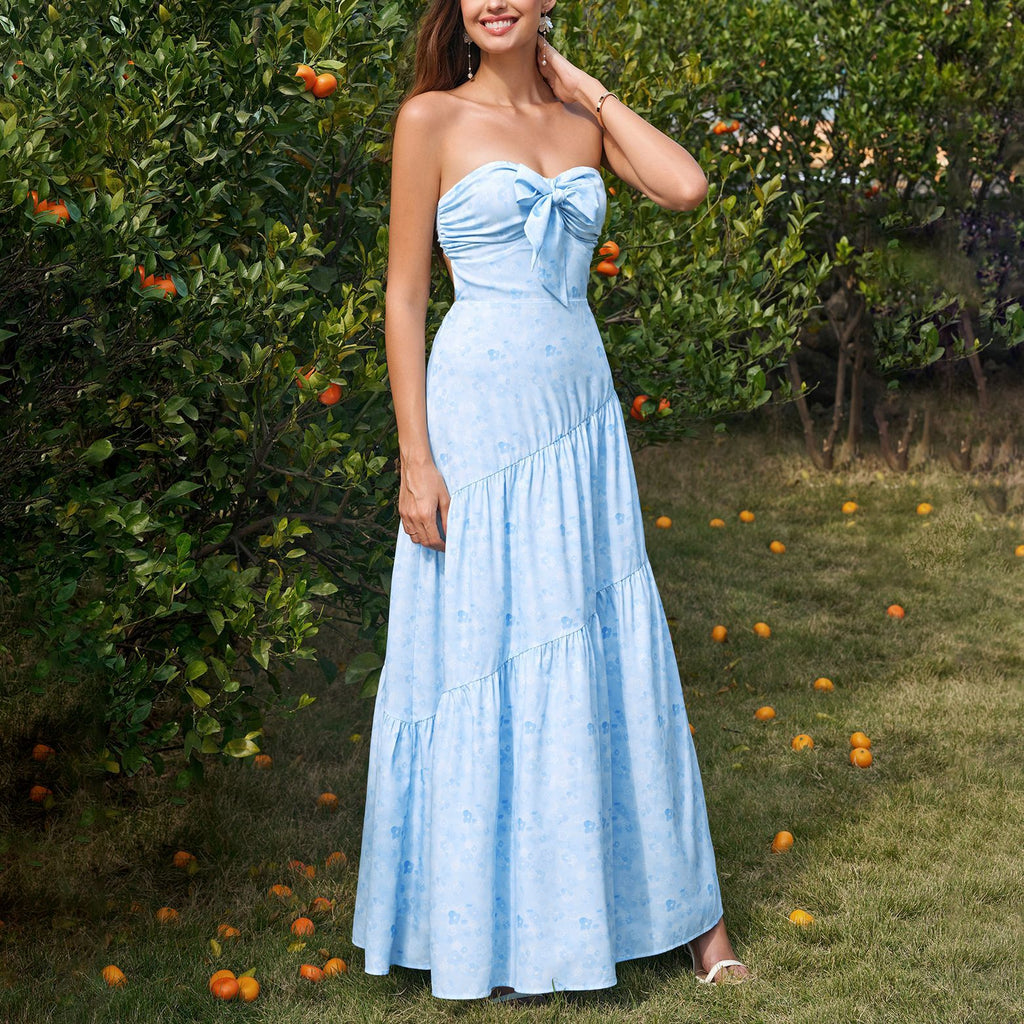 Tube Top Bow Bandage Dress Sexy Backless Pleated Print Maxi Dress SUNSHINE