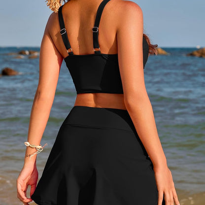 Traje de baño de bikini de cintura alta con realce de color sólido y abertura en la parte trasera para mujer