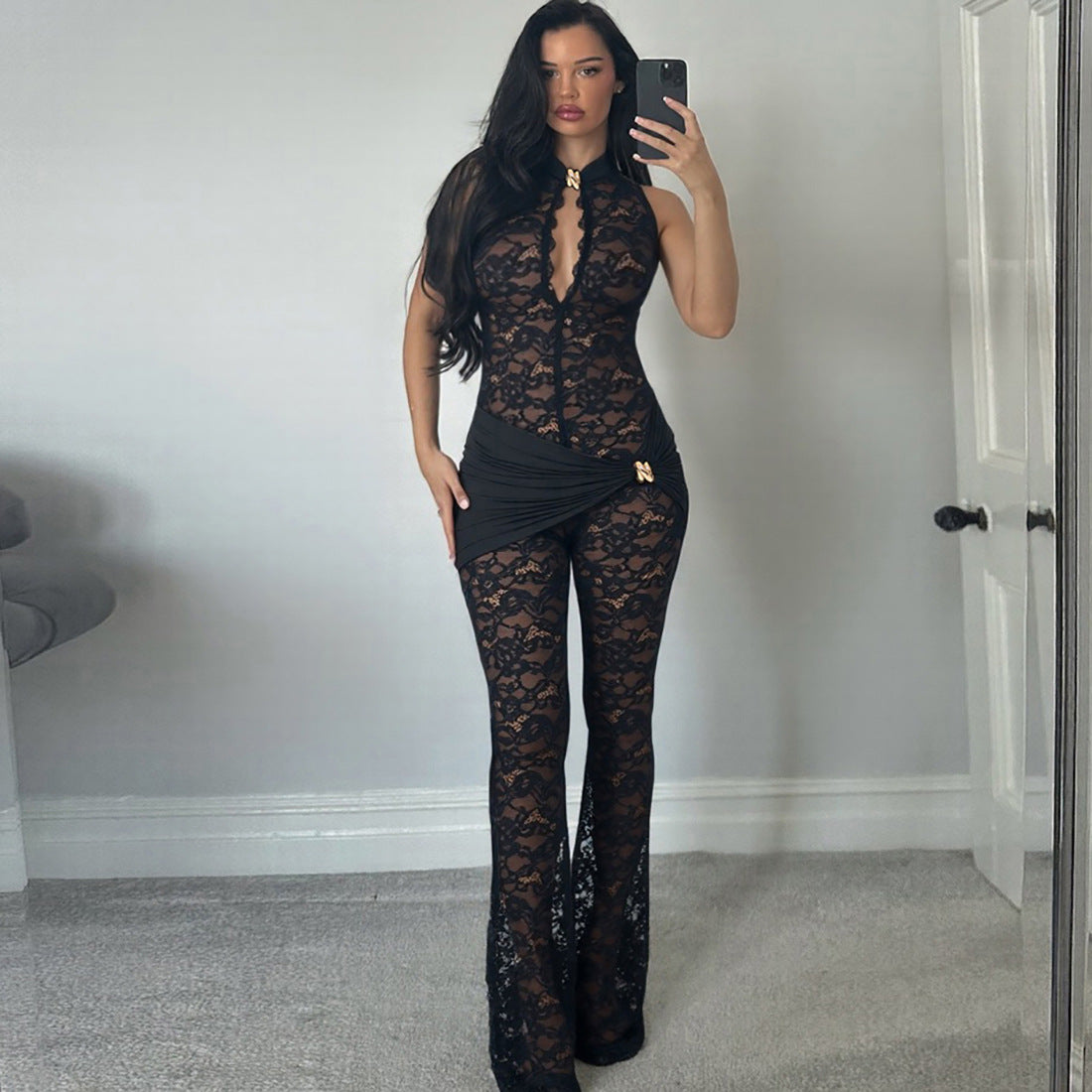 Autumn Winter Women Lace Stitching Sleeveless Sexy High Waist Slim Fit Micro Pull Jumpsuit Cecil