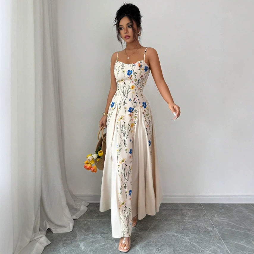 Summer Printed Waist Controlled Splicing Sling Maxi Dress Women Elegant Floral Dress KaYu