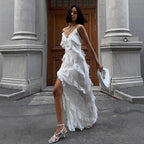 Robe longue d'été sexy à volants et patchwork, coupe ajustée