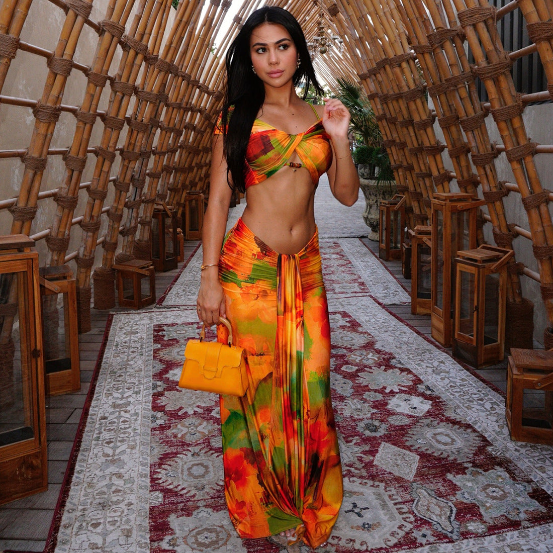 Women Spring Clothing Pattern Print Sexy Drop Shoulder Hollow Out Cutout Low Waist Cropped Skirt Set Dores