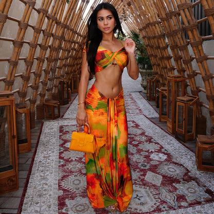 Women Spring Clothing Pattern Print Sexy Drop Shoulder Hollow Out Cutout Low Waist Cropped Skirt Set Dores