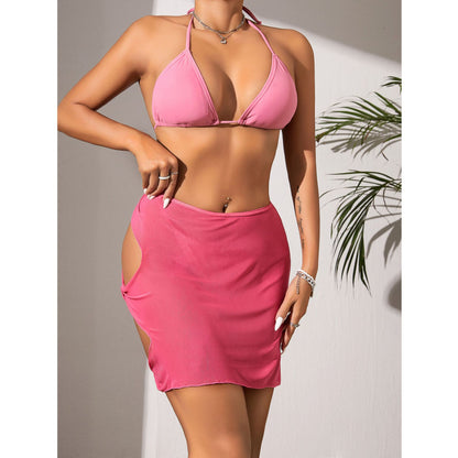 Traje de baño de bikini de tres piezas, conjunto de falda recortada con aberturas, traje de baño sexy sin espalda con cordones para mujer