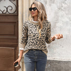 Suéter de punto con estampado de leopardo y cuello redondo de retazos de encaje suelto retro de moda de otoño e invierno para mujer