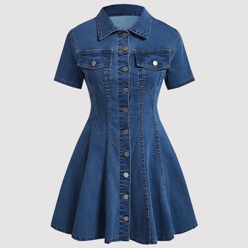 Women Clothing Denim Short Sleeved Cardigan Waist Tight Dress Dermal