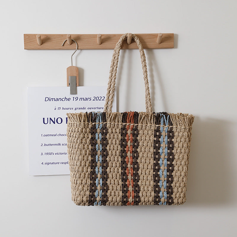 Bolso de paja con rayas verticales para mujer, tejido, sencillo, de gran capacidad, portátil, para vacaciones y playa 