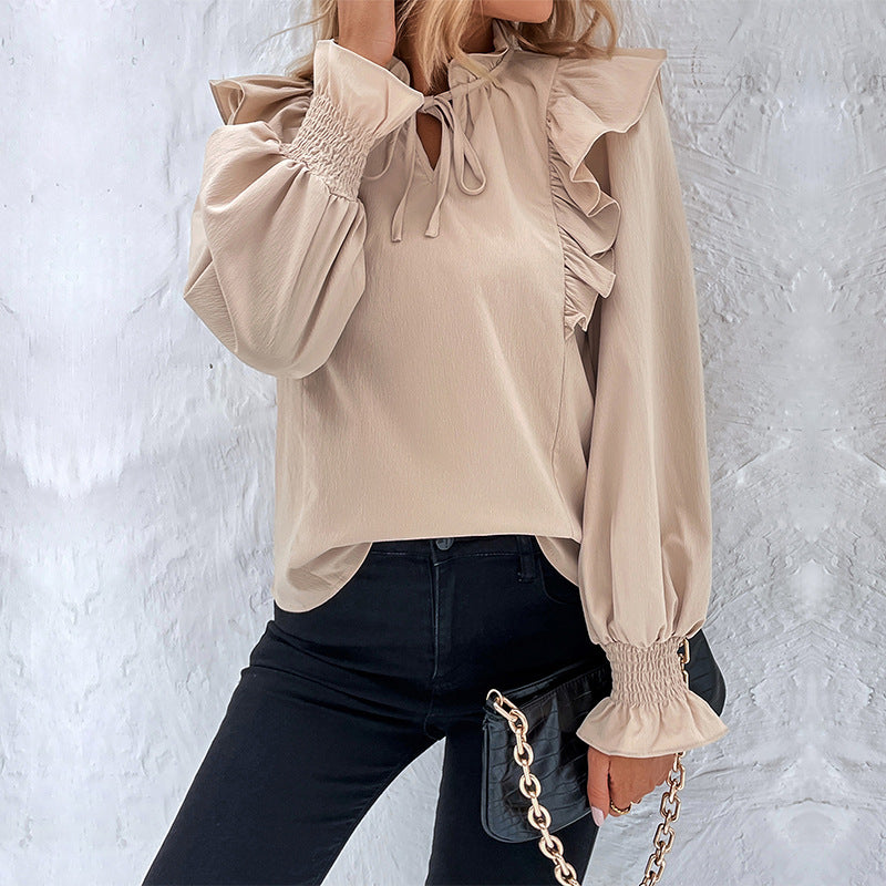 Ropa de mujer Camisa de manga larga con volantes de color liso de primavera para mujer