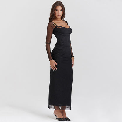 Autumn Long Sleeve Spaghetti Strap Dress Women Sexy Backless Tight Split Maxi Dress