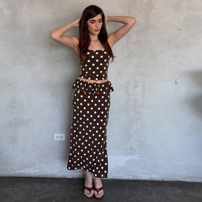 Women Clothing Summer Sexy Polka Dot Brace Split Lace Skirt Casual Two Piece Sets COORAL