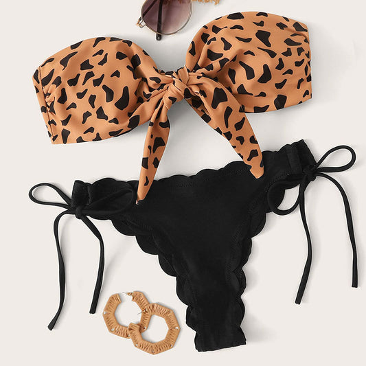 Traje de baño dividido con estampado de leopardo para mujer, bikini sexy de encaje