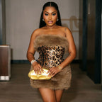 Autumn Winter Furry Stitching Leopard Print Sequined Sexy Tube Top Short Sleeveless Dress Business Cocktail HONEYBADGER