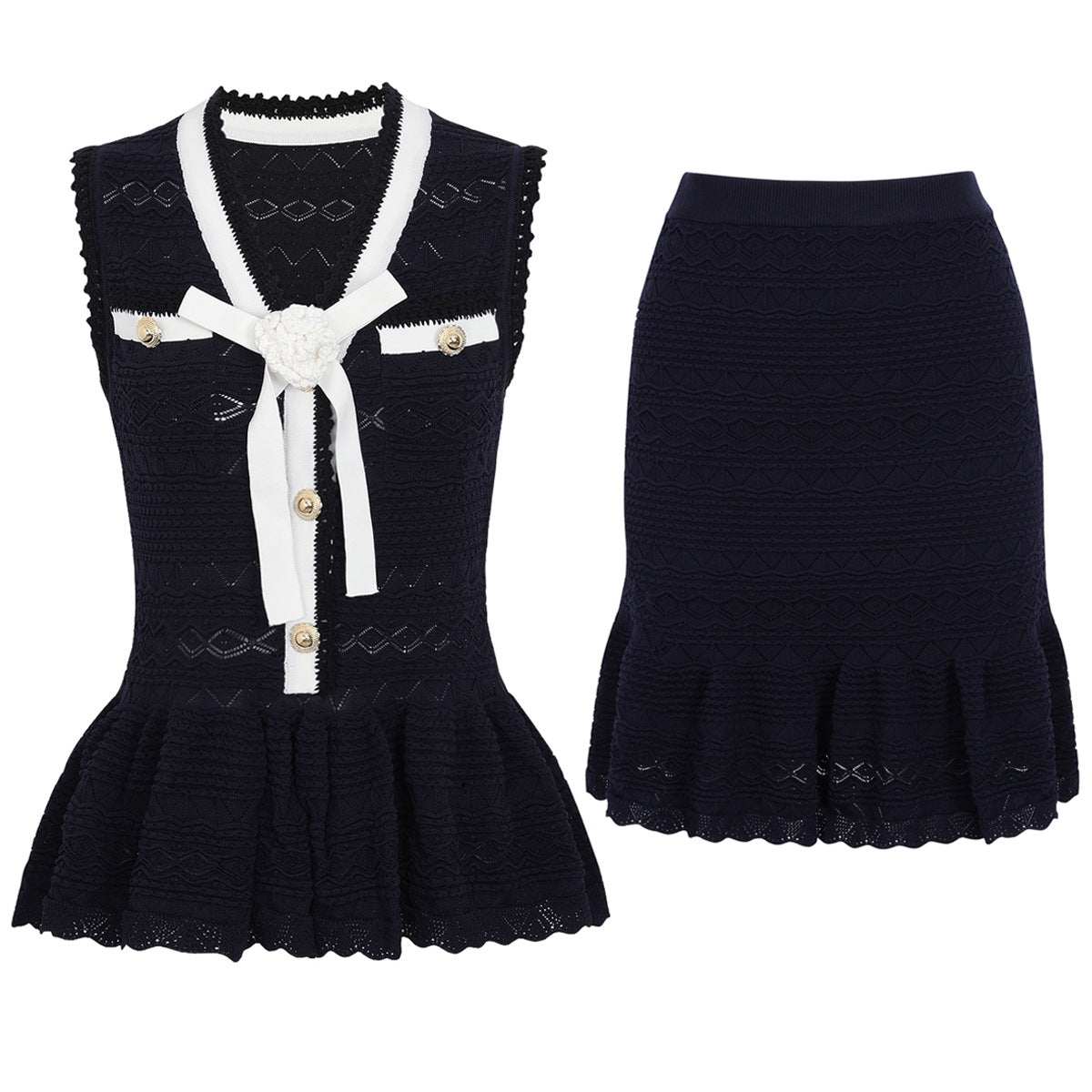 Summer Trending Knitted Women Sleeveless Shirt Skirt Two Piece Sets Dimenssa