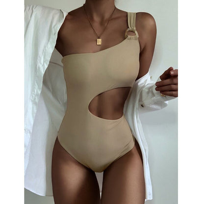 Traje de baño de una pieza de color sólido para mujer, traje de baño sexy con cintura ahuecada, traje de baño de un solo hombro, traje de baño bicolor